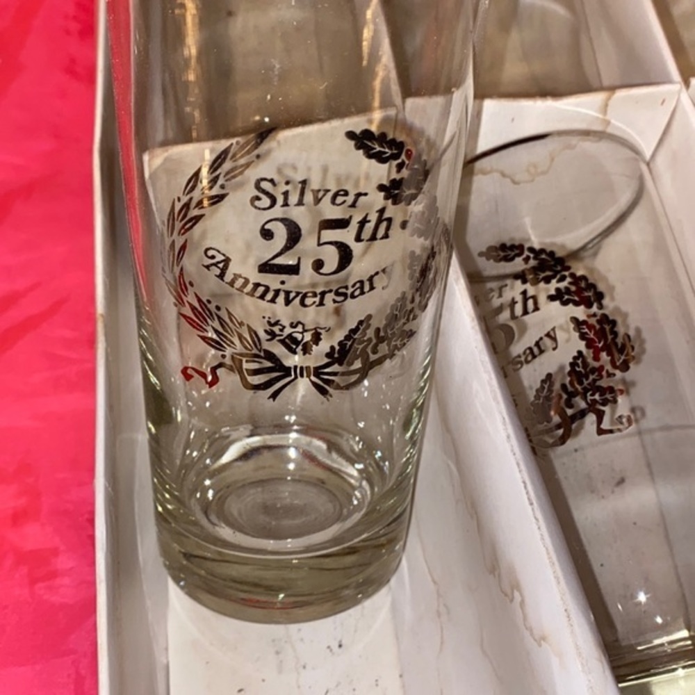 🫶 3 for $40 🫶 Silver 25th wedding Anniversary Glass set vintage set of 6
